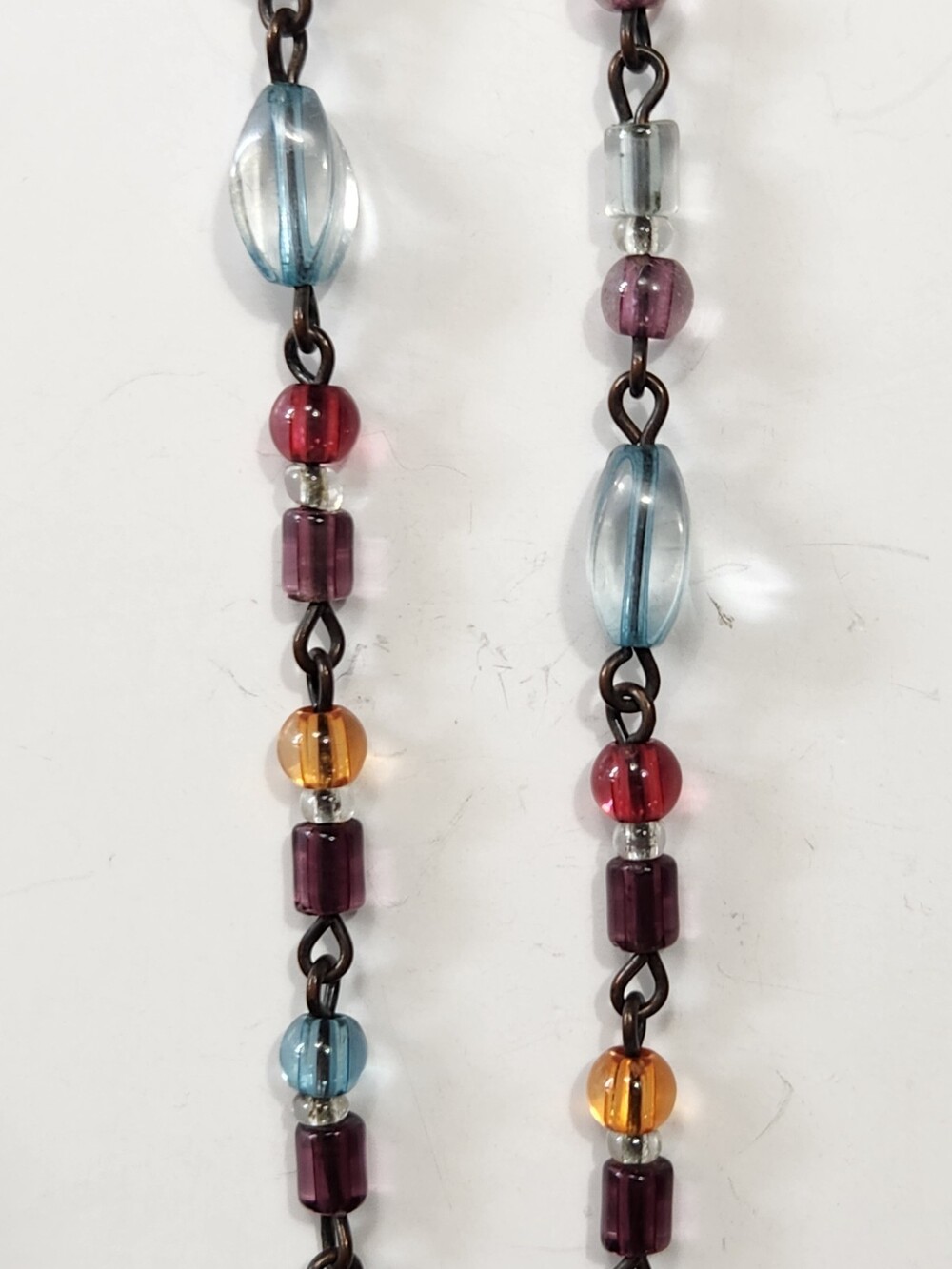 Vtg Multi-color Glass Bead Necklace Bronztone Links Y2K Boho Gypsy Steampunk